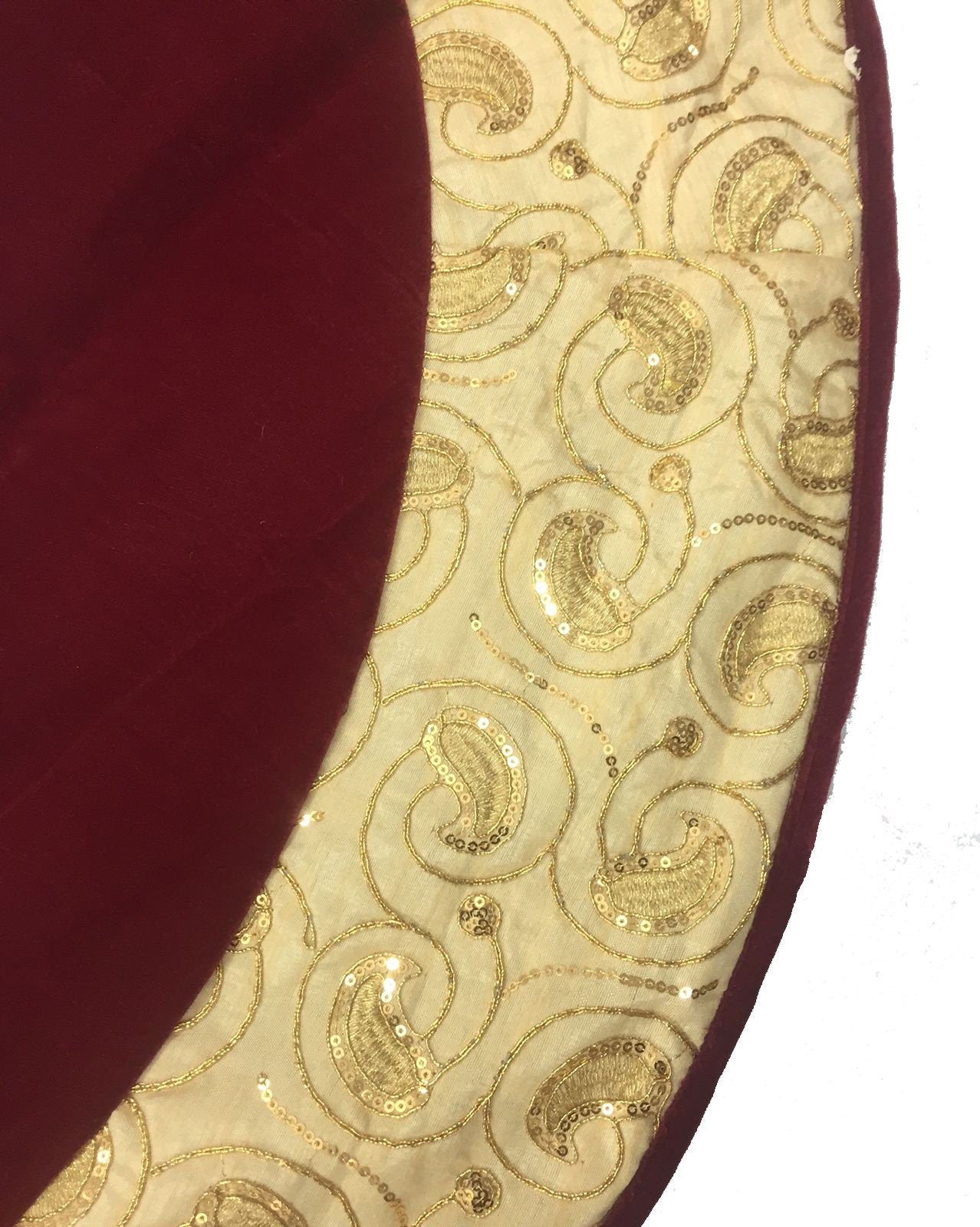 Christmas tree skirt micro dark red Velvet fabric and embroidered on it. Thick Double Layer quilted by HOME HEART Brands