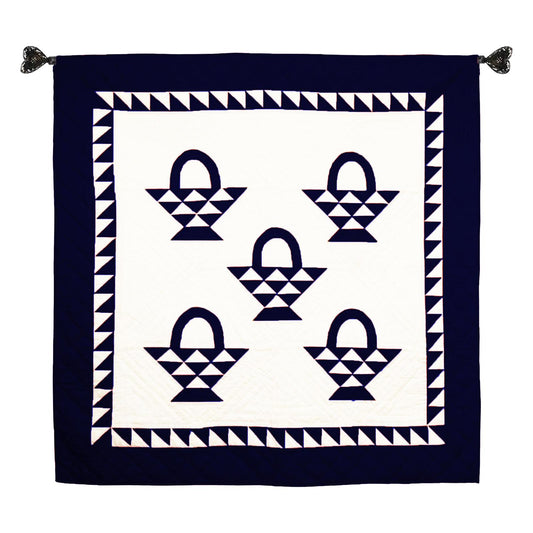 Wall hanging quilt, Small quilt, Throws, Table Toppers , Baby Quilt, calico Basket Navy blue /Off White Cotton fabric by HOME HEART Brands