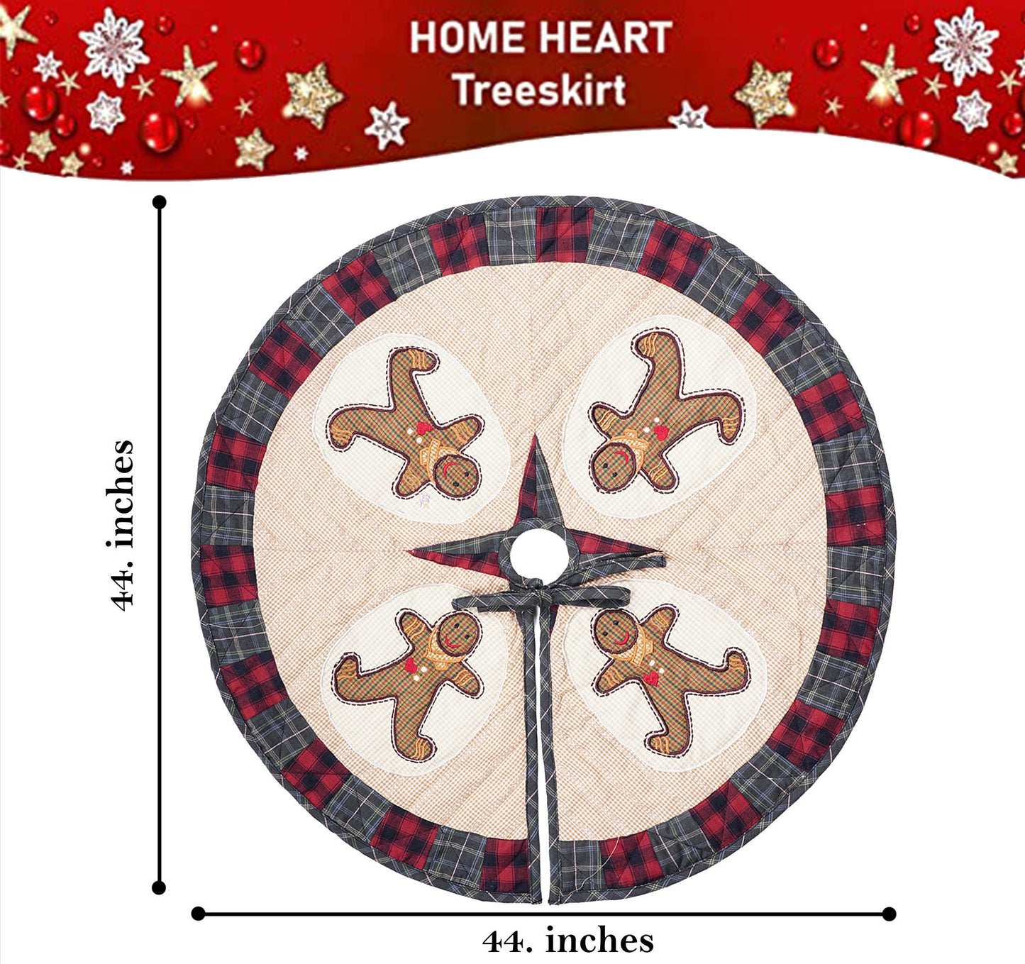 Christmas tree skirt quilted patchwork embroidered Ginger bread plaid thick Double Layer Heirloom by HOME HEART Brands(Made in India)