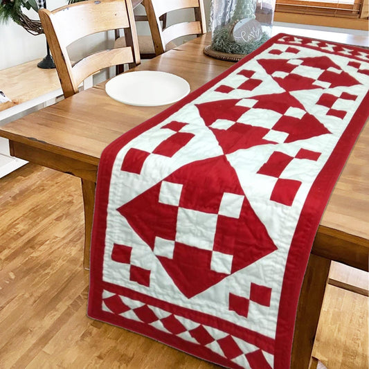Table runner hand quilted, patchwork, Table Toppers Calico Red diamond square Patchwork Table runner by HOME HEART Brands(made in INDIA)