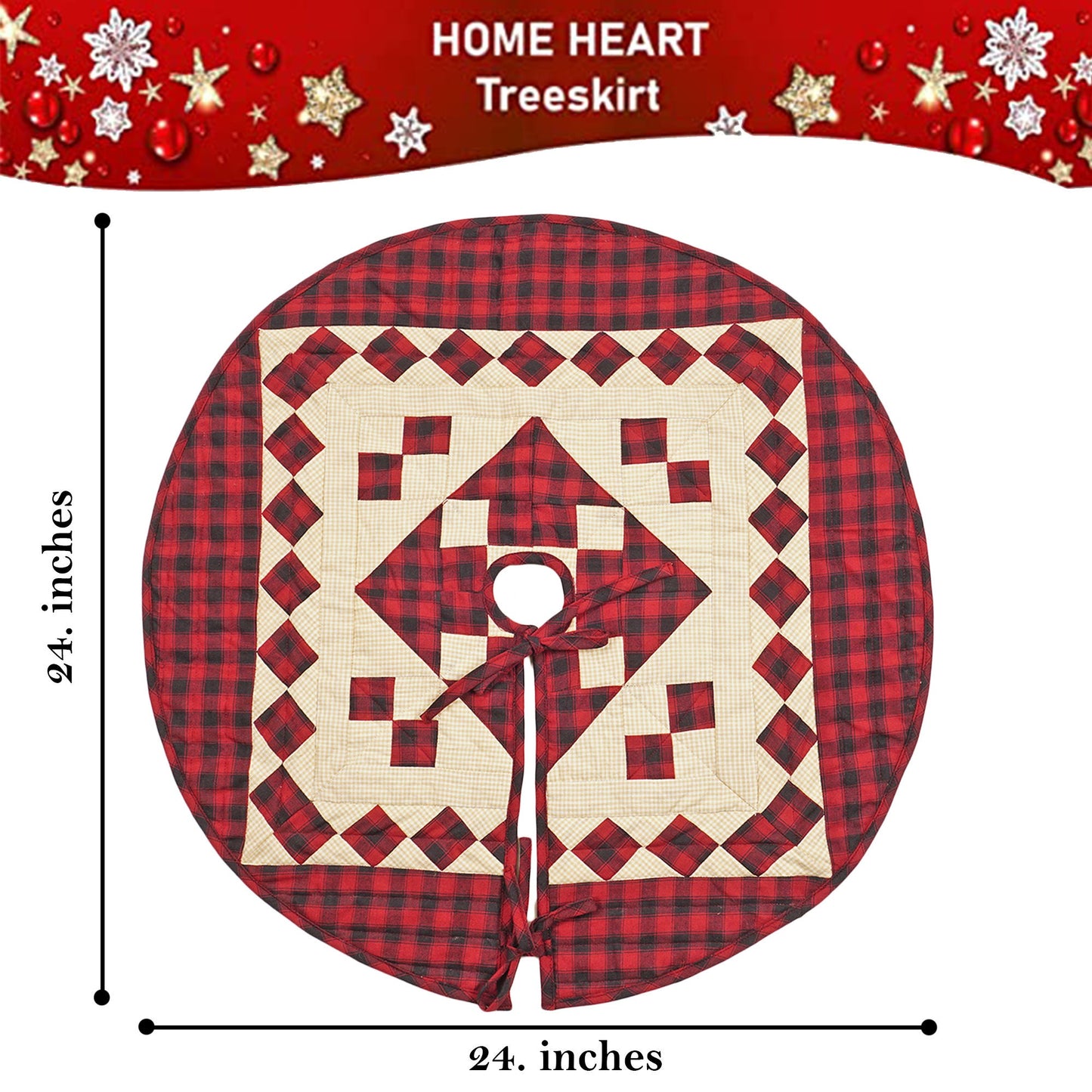 Christmas tree skirt quilted patchwork Red diamond square plaid Thick Double Layer Heirloom Quality by HOME HEART Brands(Made in India)
