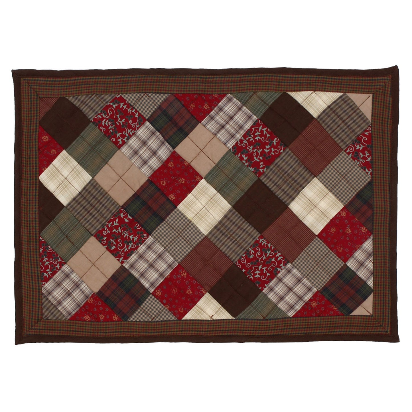 Quilted placemat & table mat patchwork red brown country plaid, calico print by HOME HEART Brands( made in INDIA)