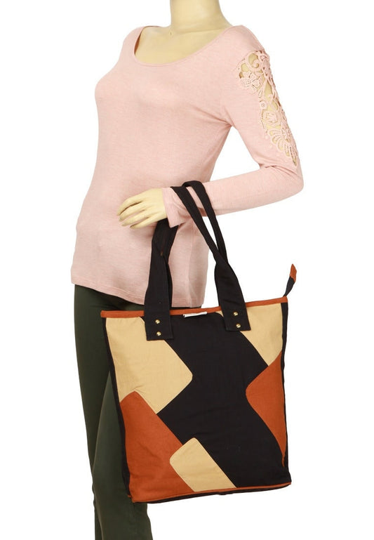 Hand bag duck cotton canvas Tote Bag All In One heavy duck Shopping Bag, Zig Zag Pattern Shopping Bag, by HOME HEART Brands (Made in India)