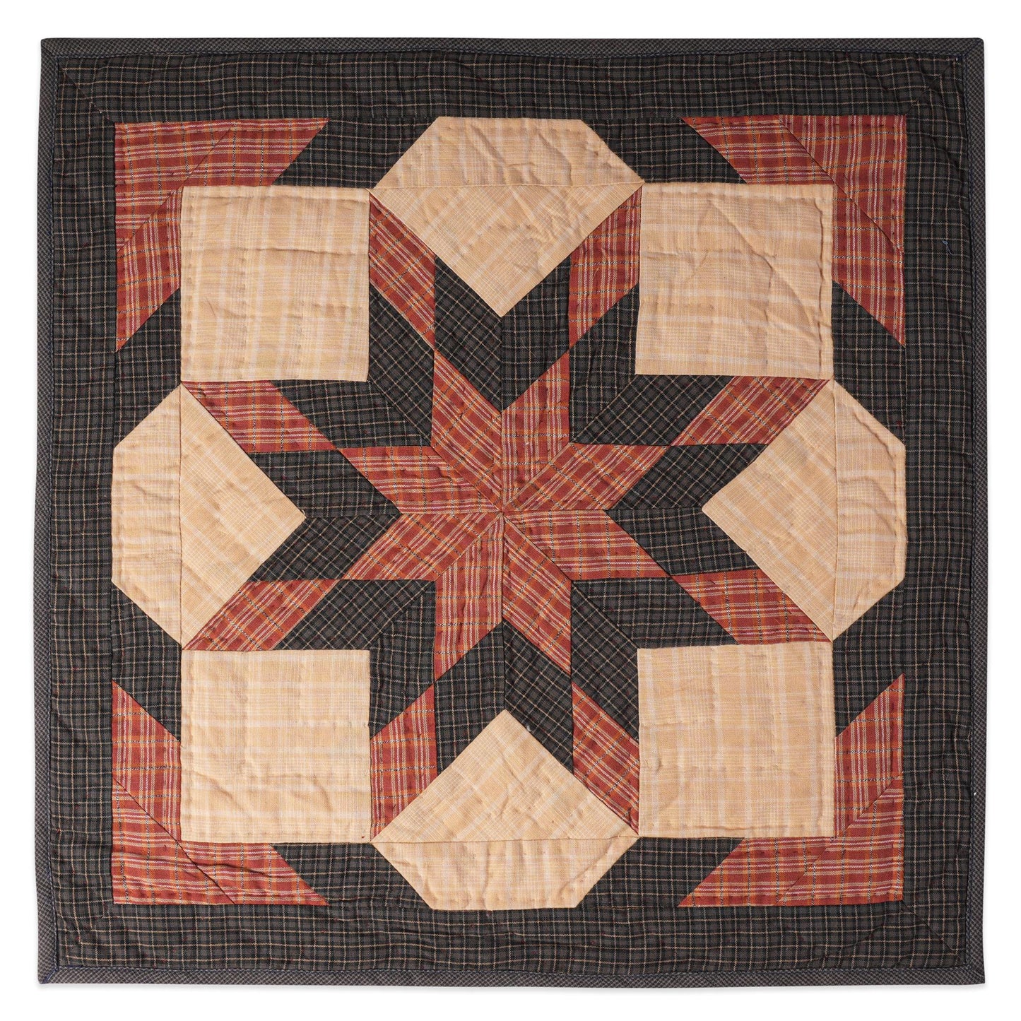 Hand made Hand quilted Throw Quilt, Table Topper 20"x20" Lone star red black plaid quilt by Home Heart brands (Made in India)