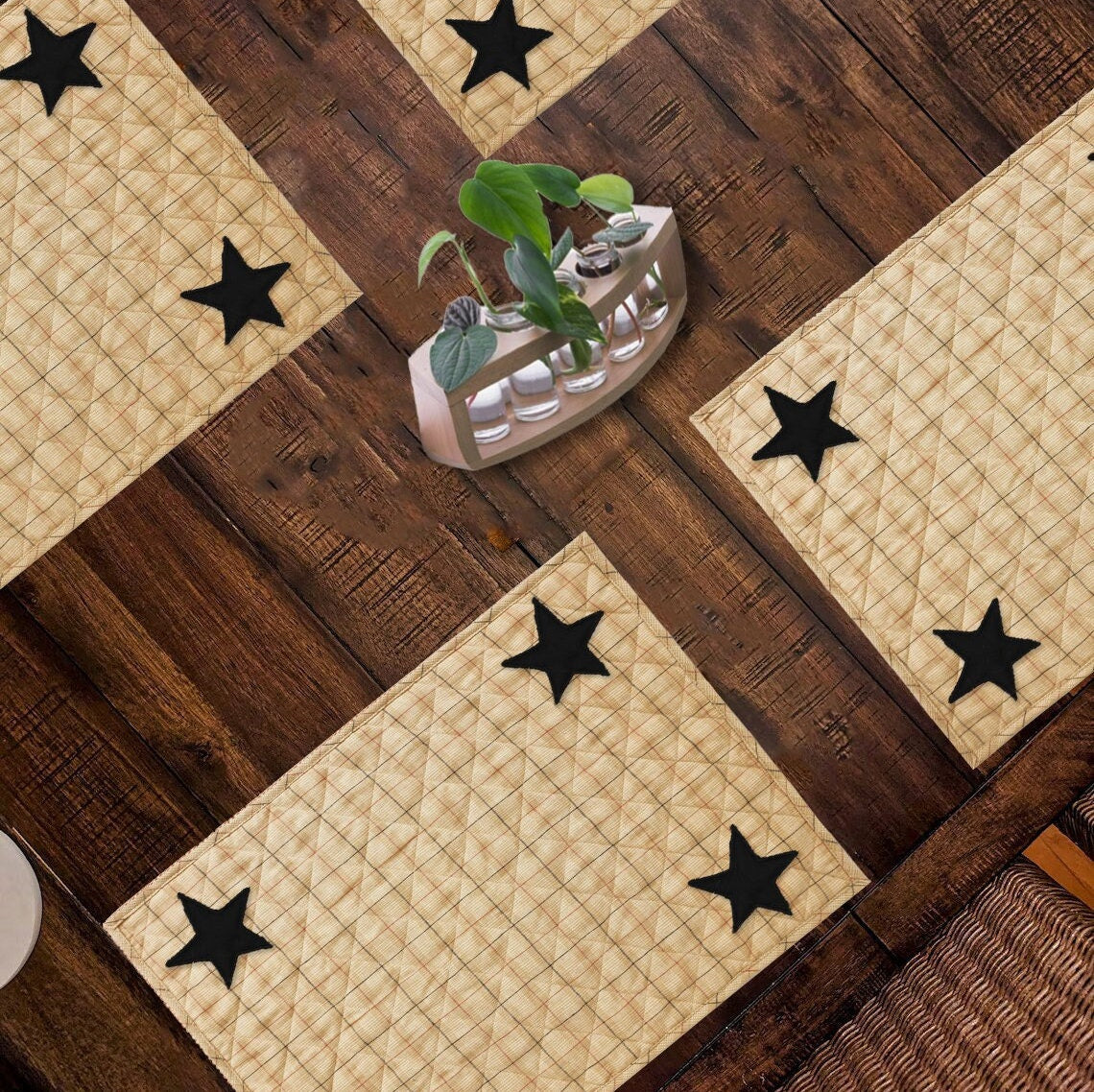 Quilted PLACEMAT & Table toppers Table mat black star embroidered beige Country Plaid 14"X19" by HOME HEART Brands(Made in India)