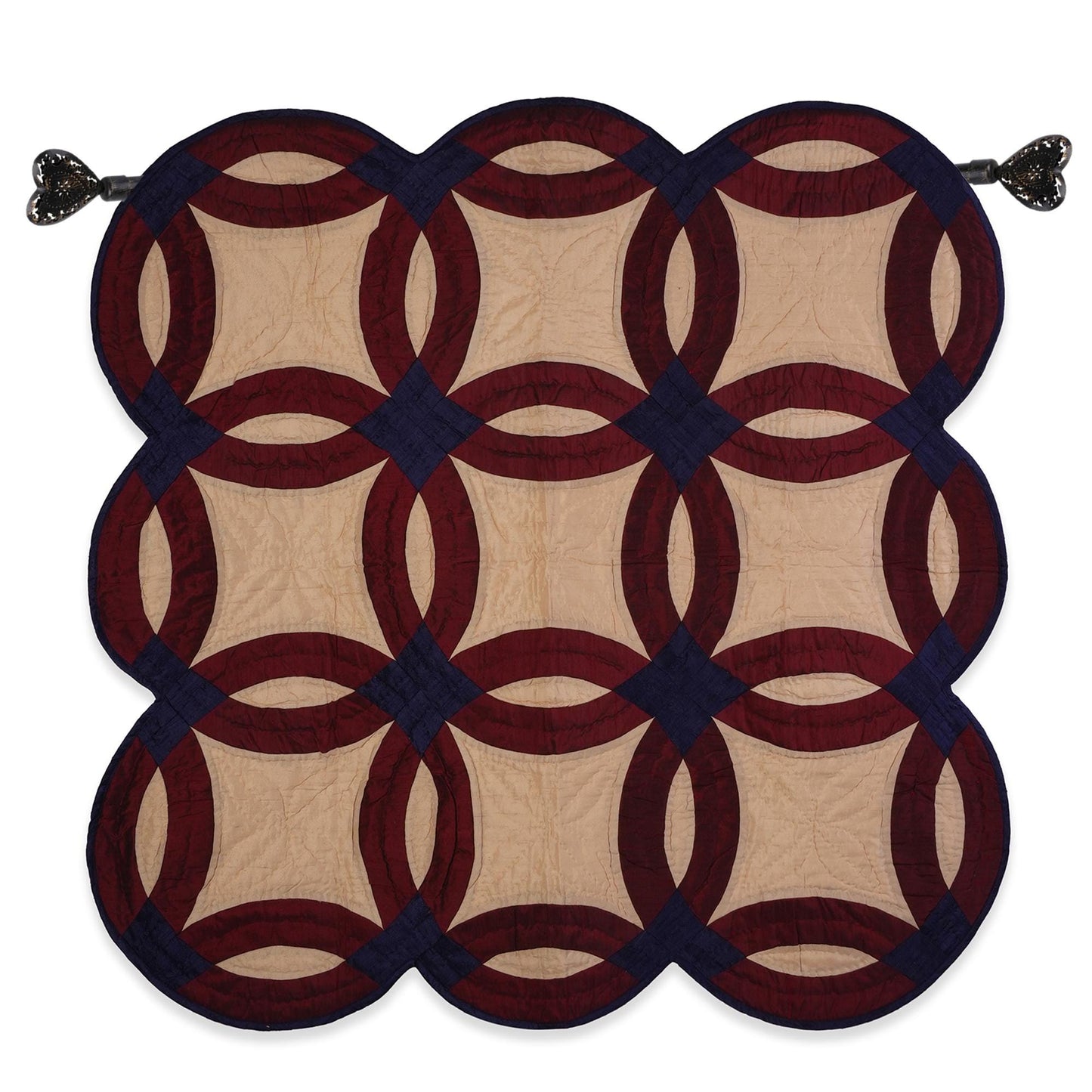Hand made hand quilted unique Bangalore silk Double wedding ring 44"x44" patchwork Wall hanging & Toppers, baby quilt by HOME HEART Brands
