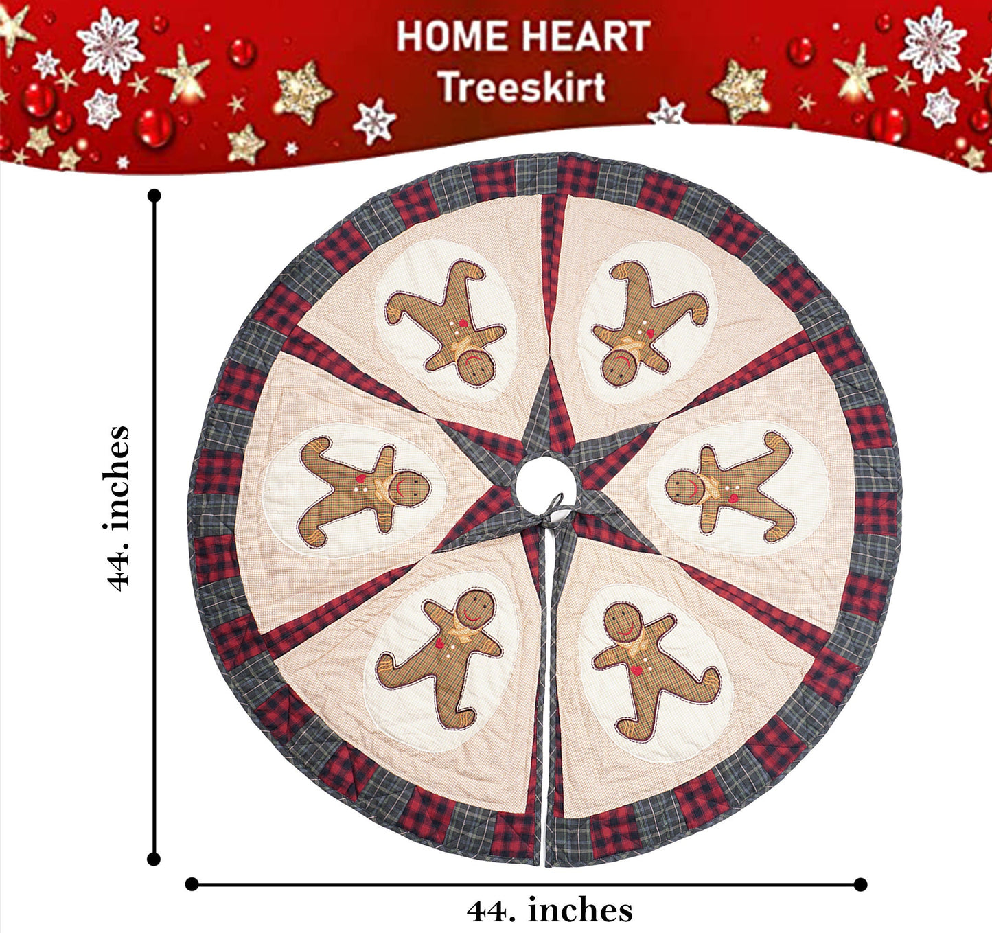 Christmas tree skirt quilted patchwork embroidered Ginger bread plaid thick Double Layer Heirloom by HOME HEART Brands(Made in India)