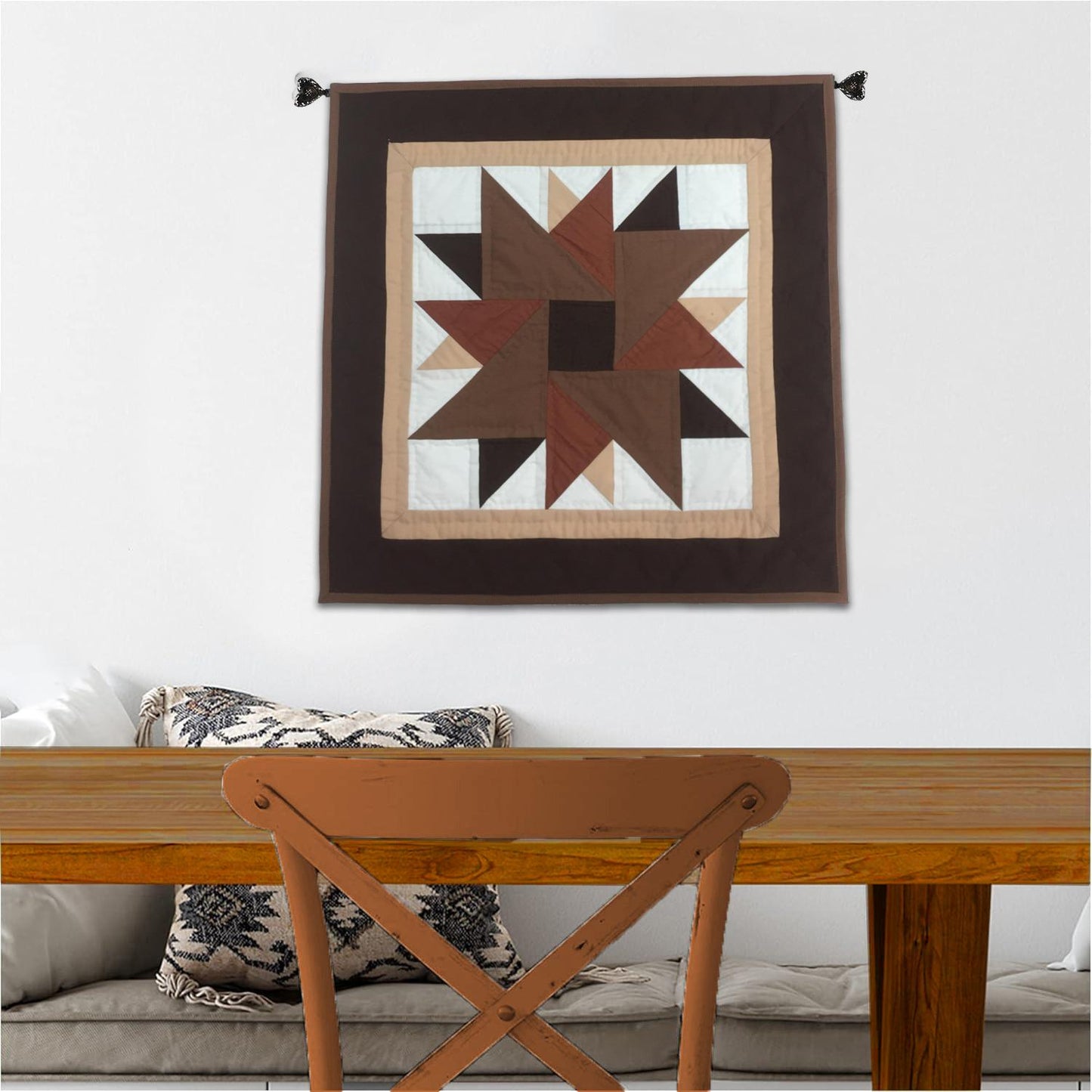 Barn star quilted 19"X19" hand crafted block square quilt, small quilt, Table Topper calico fabric by Home Heart brands (Made in India)