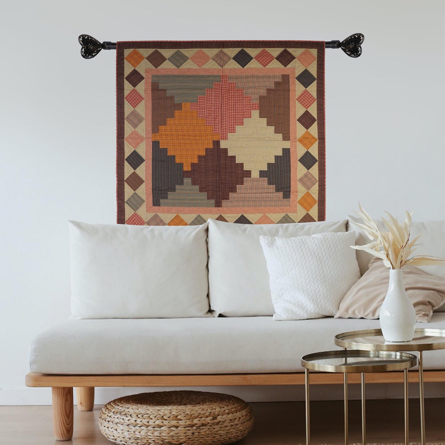 Hand Quilted Throw quilt, wall hanging ,Table Topper 45"x45" patchwork country Autumn Rocky mountain by Home Heart brands (Made in India)