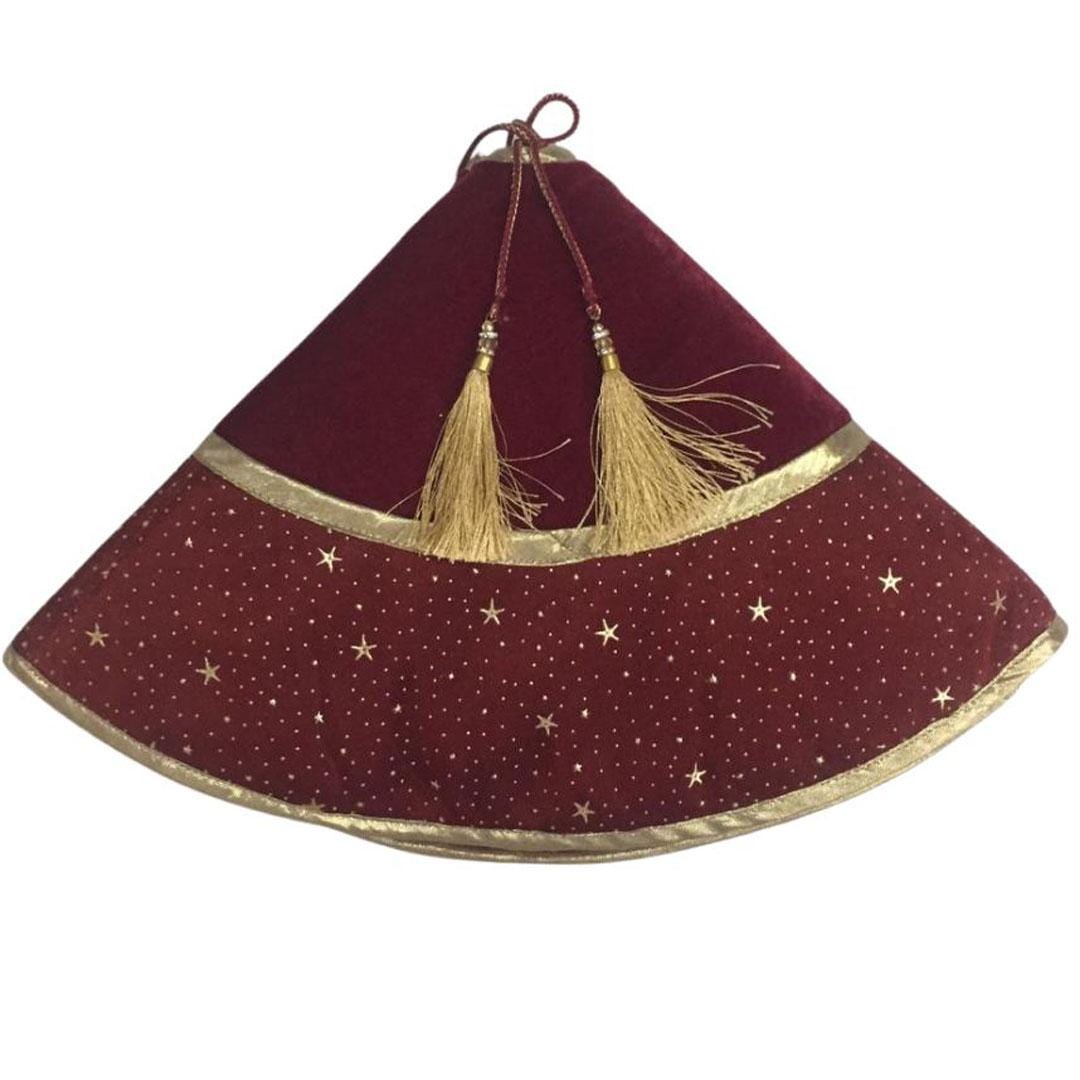 Christmas tree skirt classic micro maroon red Velvet fabric with gold bonded star fabric border Thick Double Layer by HOME HEART Brands