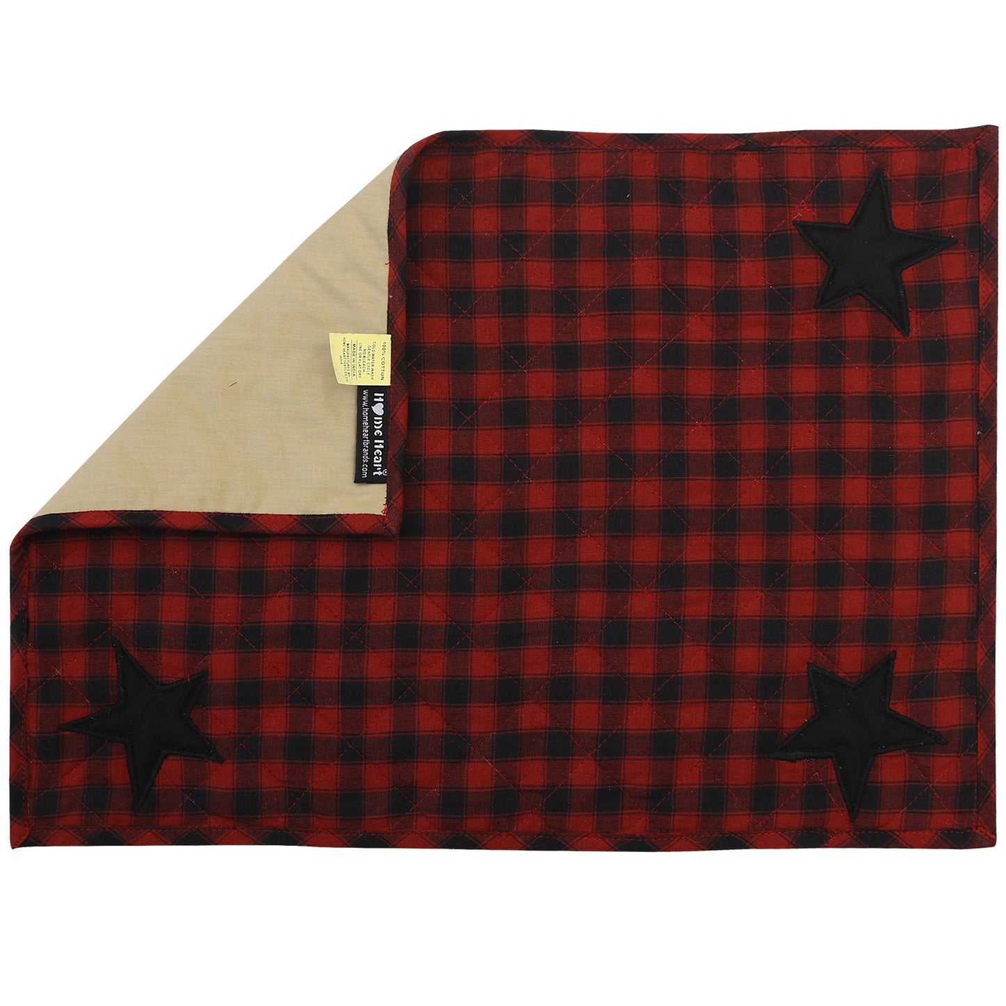 Quilted place mat with black star embroidered on Black/Red Country Plaid 14"X19" by HOME HEART Brands/Tablemat