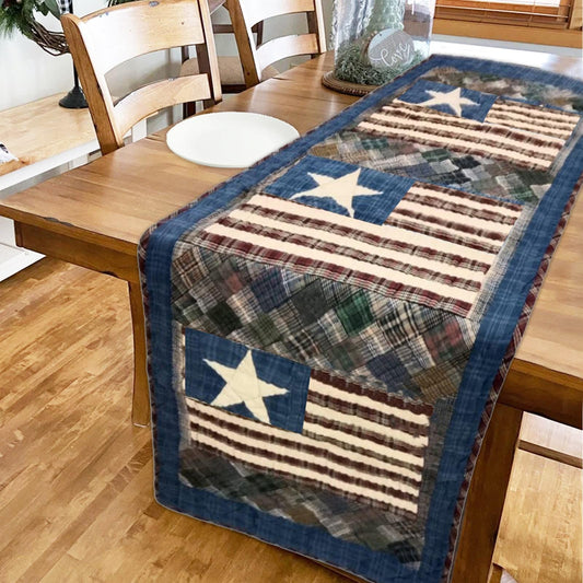 Hand Quilted crafted Old glory Americana flag patchwork plaid table runner 16"x50" Table Toppers by HOME HEART Brands(Made in India)