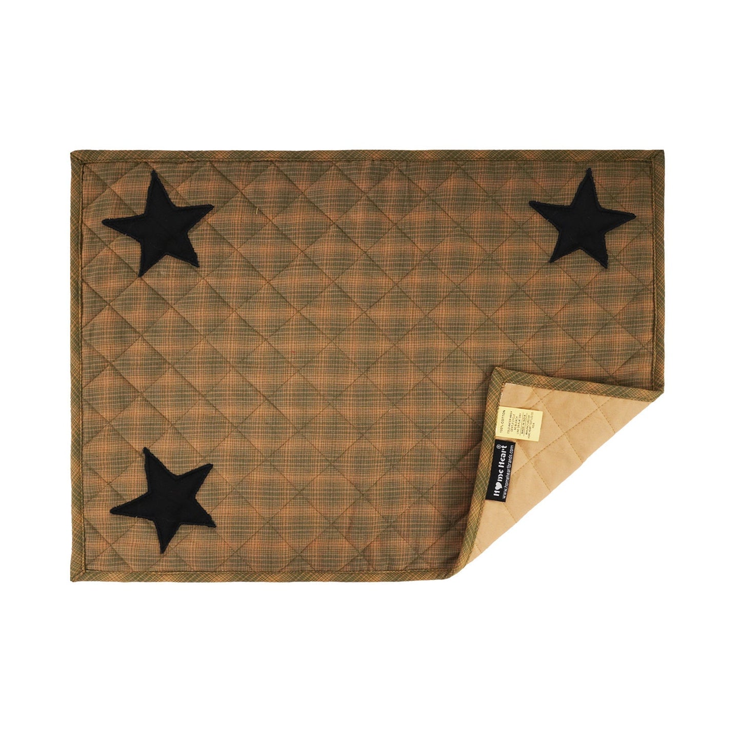 Quilted PLACEMAT & Table toppers Table mat black star embroidered green accented Country Plaid 14"X19" by HOME HEART Brands(Made in India)