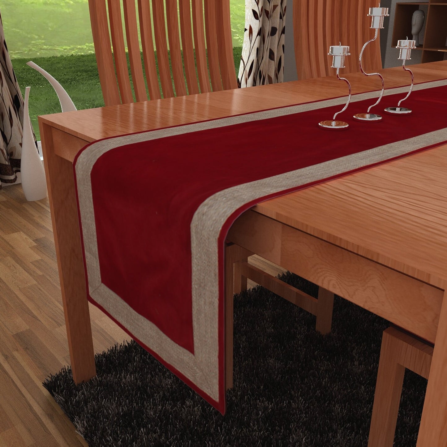 Velvet Table Runner & Toppers Premium cardinal red with ivory lurex jute border double layer by Home Heart Brands(made in INDIA)