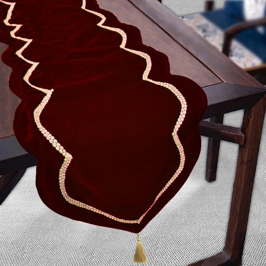 Table runner velvet Handcrafted Scallop Design burgundy wine Velvet, Gold Trim Double Layer Heirloom by HOME HEART Brands(Made in India)