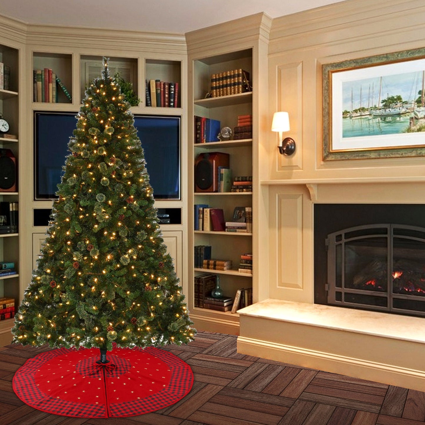 Christmas tree skirt Cotton Sturdy red Duck Fabric & golden Embroidered style by HOME HEART Brands