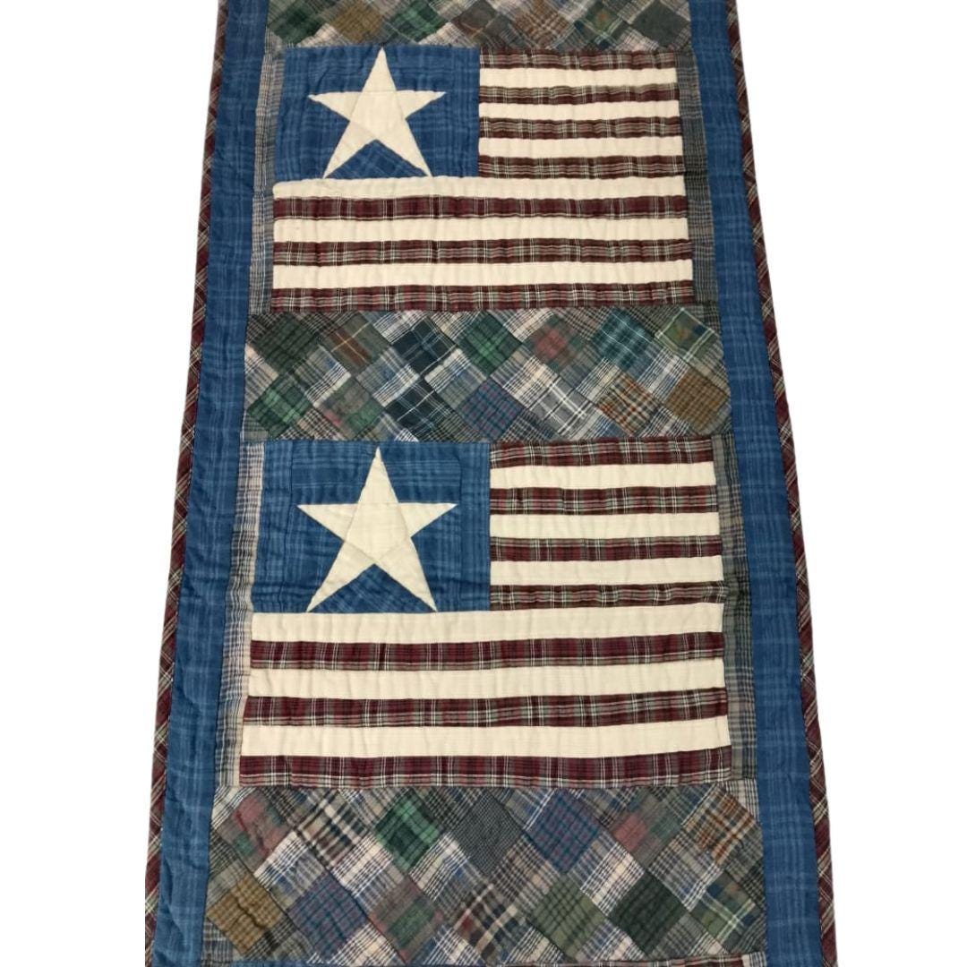 Hand Quilted crafted Old glory Americana flag patchwork plaid table runner 16"x50" Table Toppers by HOME HEART Brands(Made in India)
