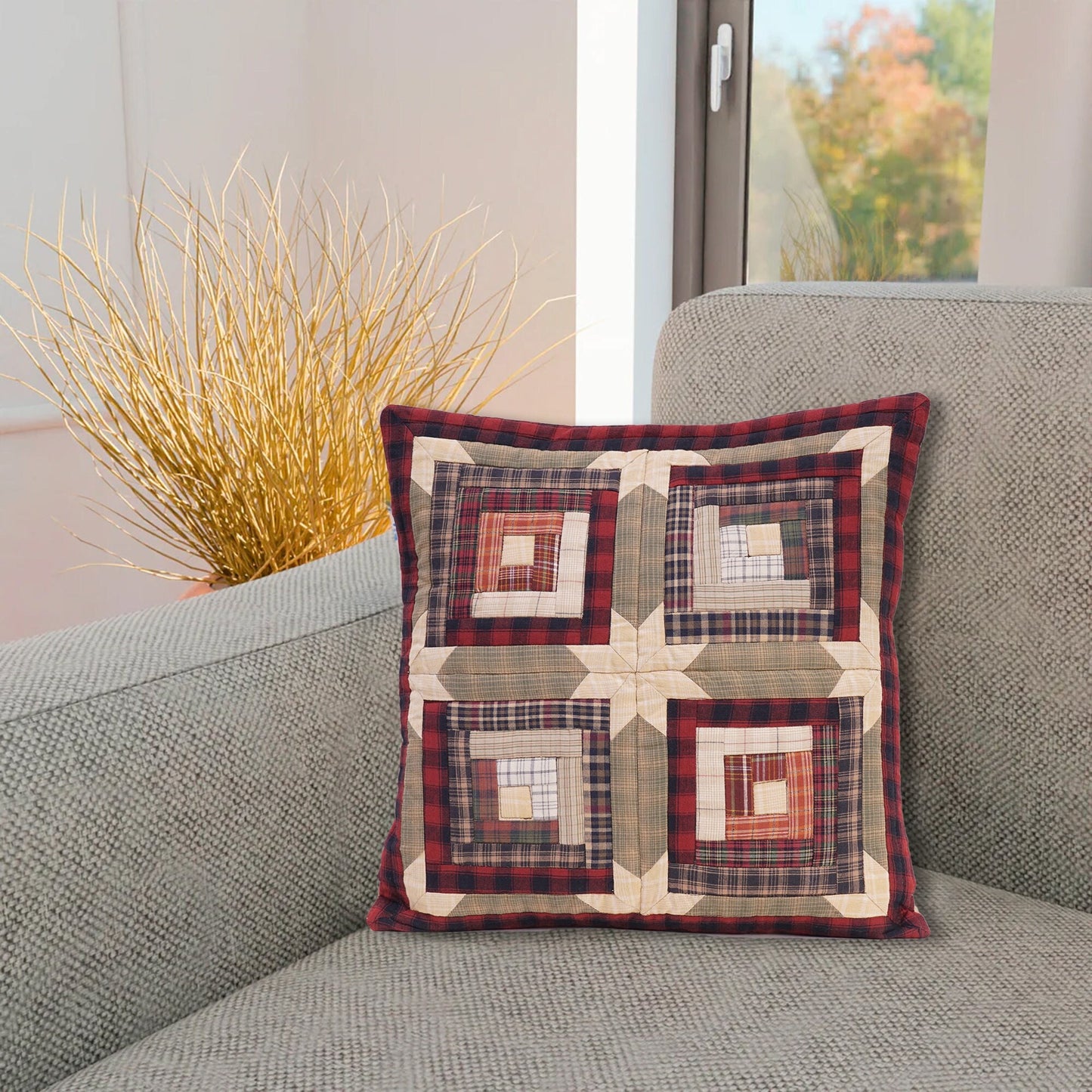 Quilted patchwork pillow cover, cushion cover, decorative throw pillow Country cabin green gold plaid by HOME HEART Brands(made in India)