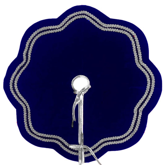 Christmas Tree Skirt Handcrafted Scallop Design royal blue Velvet, silver Trim Double Layer Heirloom by HOME HEART Brands(Made in India)