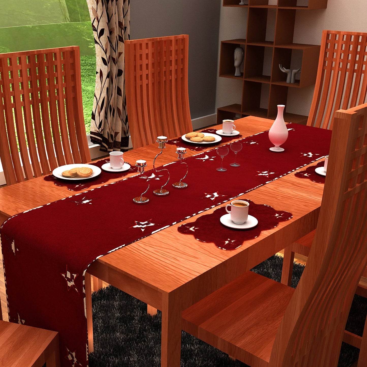 Cotton Table runner & Toppers Premium tapestry cotton fabric dark red applique embroidered by Home Heart Brands(Made in India)
