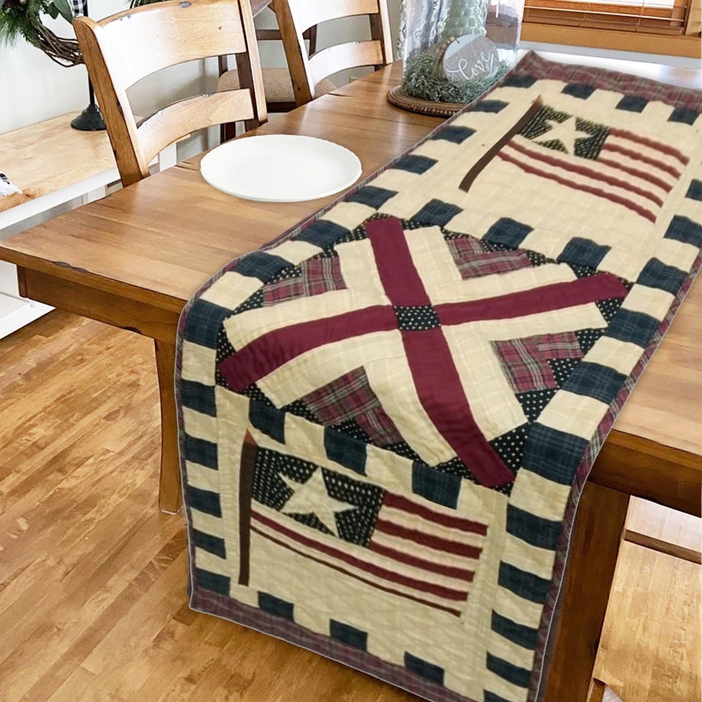 Table runner hand quilted, patchwork, Table Toppers Calico country American flag Patchwork Table runner by HOME HEART Brands(made in INDIA)