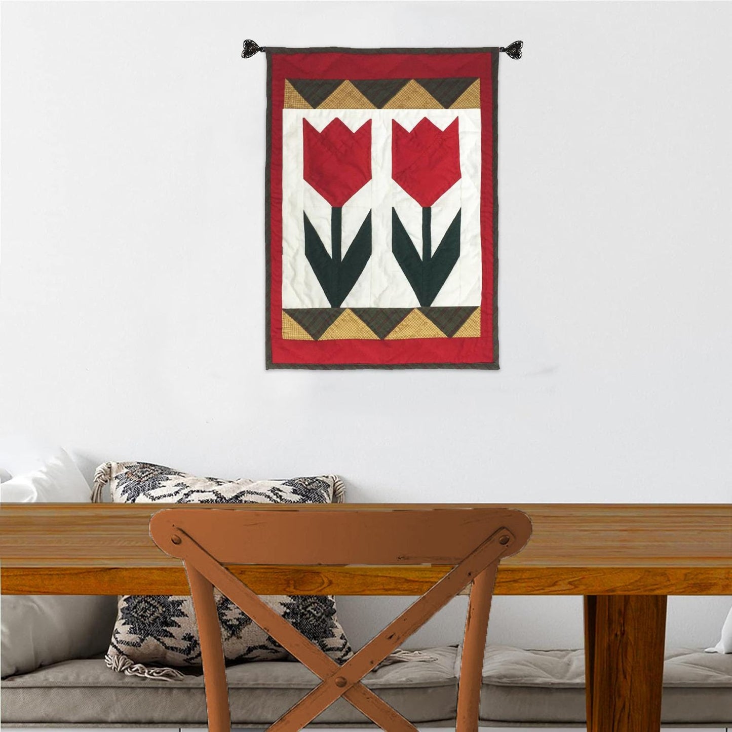 Hand made Hand quilted table accent piece, Block small Quilt, Table Topper Tulip calico cotton fabric by Home Heart brands (Made in India)