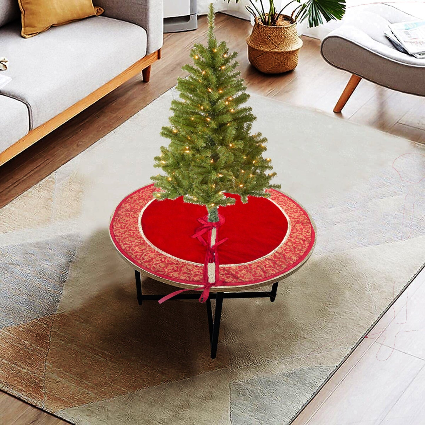 Christmas tree skirt classic micro red Velvet fabric with Brocade Fabric Border Thick Double Layer by HOME HEART Brands