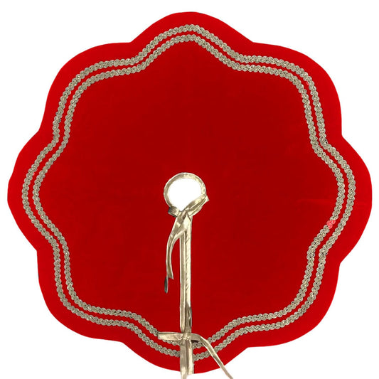 Christmas Tree Skirt Handcrafted Scallop Design Red Velvet with Gold Trim Double Layer Heirloom Quality by HOME HEART Brands(Made in India)