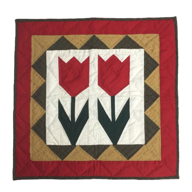 Hand made Hand quilted table accent piece, Block small Quilt, Table Topper Tulip calico cotton fabric by Home Heart brands (Made in India)