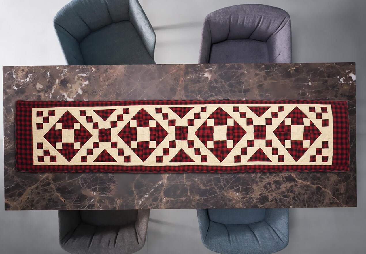 Quilted Table Runner & Toppers patchwork red diamond square cotton plaid fabric heirloom quality by HOME HEART Brands(Made in India)