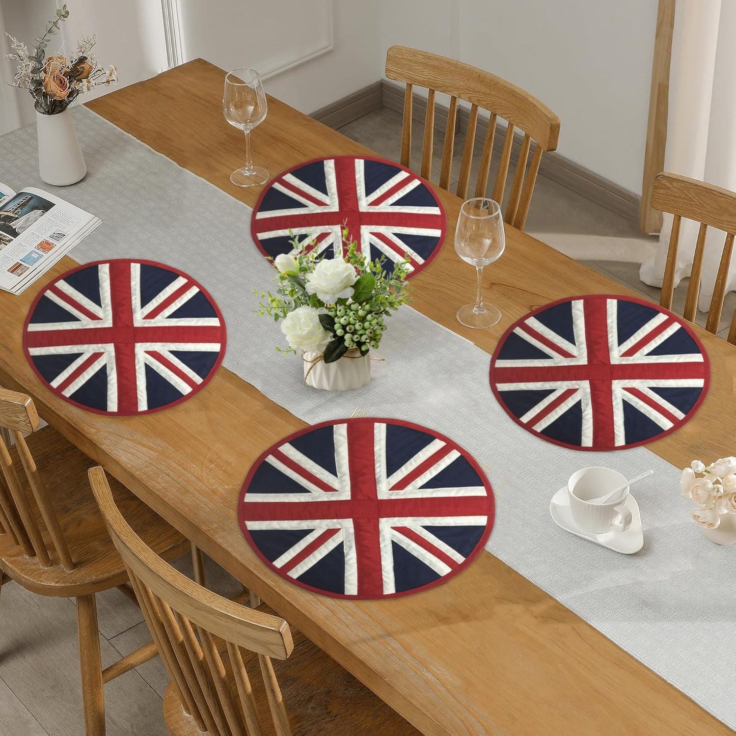 Dupioni Silk Union Jack Britain flag reversible round quilted Table runner, Trivet, placemat  & topper by HOME HEART Brands (Made in India)