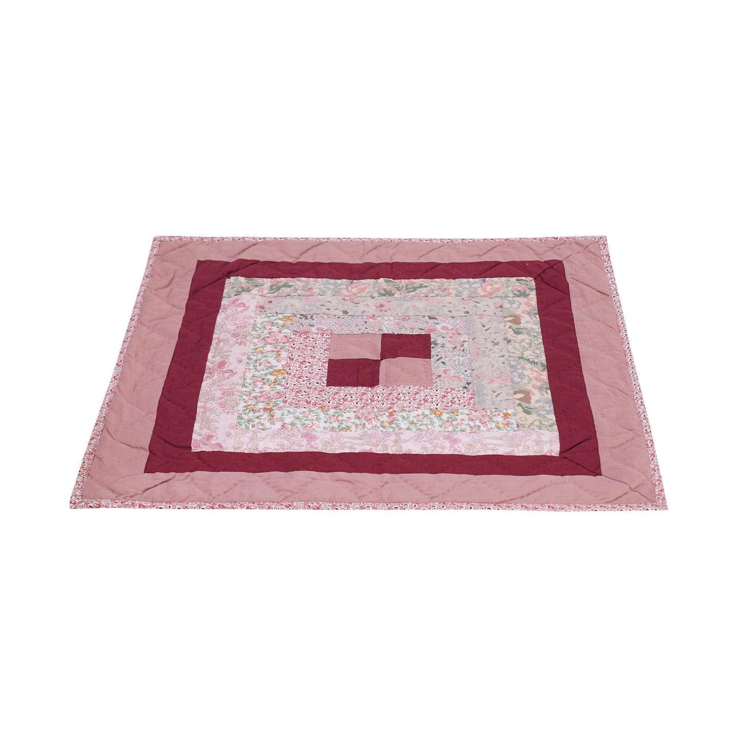Hand Quilted small quilt 20"x20" table topper,square block, patchwork Mauve floral Log Cabin rod pocket by HOME HEART Brands(Made in India)