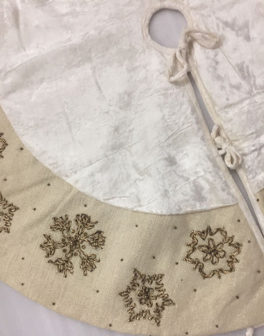 Christmas tree skirt hand embroidered Snow flakes classic ivory micro Velvet and lurex jute border Thick Double Layer by HOME HEART Brands
