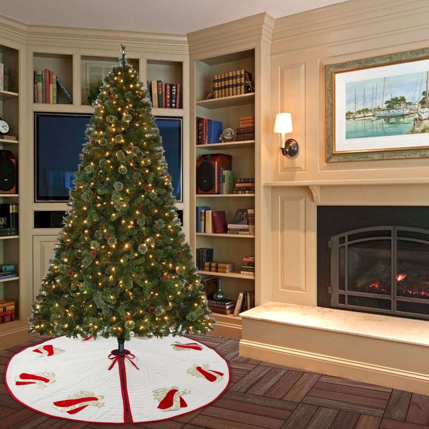 Christmas tree skirt quilted ivory cotton fabric & gold red Angel Applique style by HOME HEART Brands