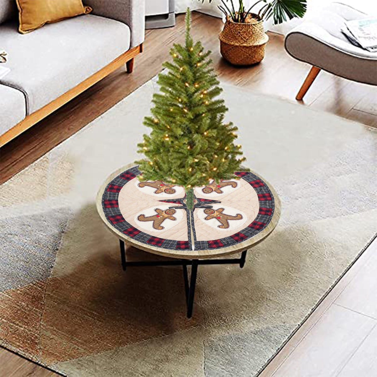 Christmas tree skirt quilted patchwork embroidered Ginger bread plaid thick Double Layer Heirloom by HOME HEART Brands(Made in India)