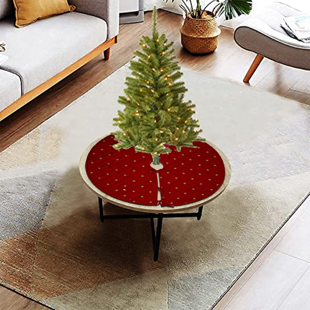 Christmas tree skirt quilted micro dark red Velvet fabric and gold star embroidered on it. Thick Double Layer quilted by HOME HEART Brands