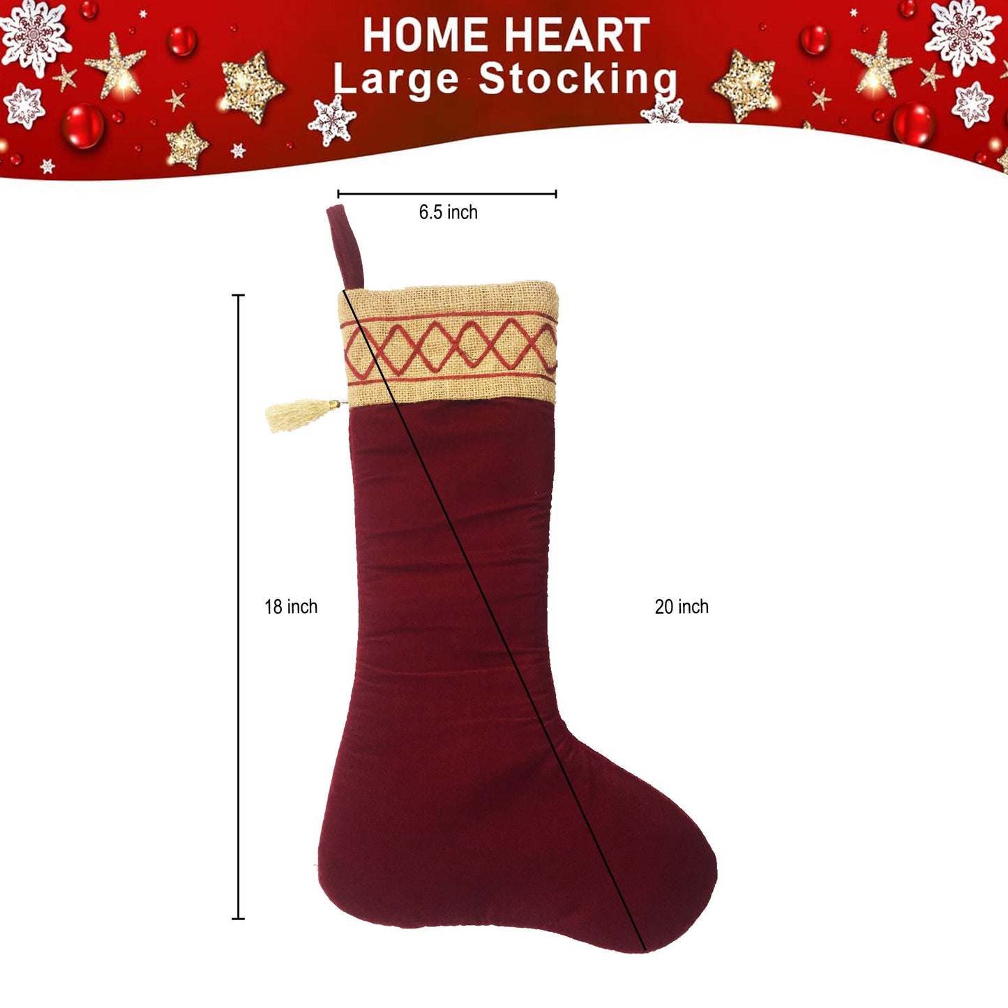 Christmas stocking red velvet & brown lurex jute Christmas decorations Handmade heirloom by HOME HEART Brands(Made in India)