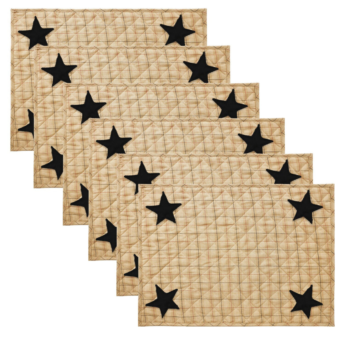 Quilted PLACEMAT & Table toppers Table mat black star embroidered beige Country Plaid 14"X19" by HOME HEART Brands(Made in India)