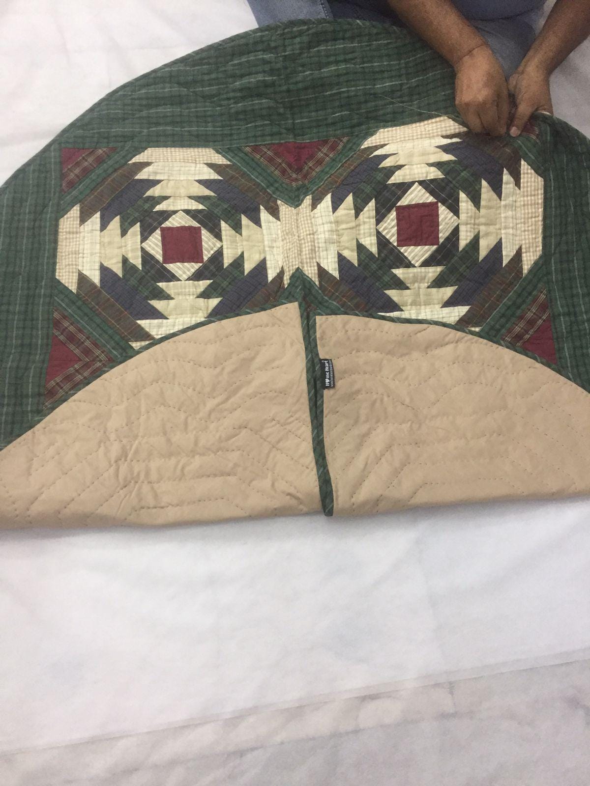 Christmas tree skirt 50" round hand quilted patchwork pineapple log cabin quilt Thick Double Layer by HOME HEART Brands