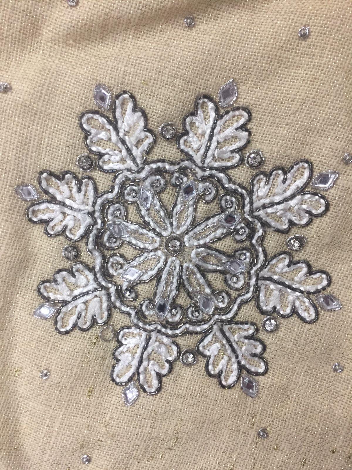 Christmas tree skirt 54" hand embroidered Snow flakes ivory micro Velvet and lurex jute border Thick Double Layer by HOME HEART Brands