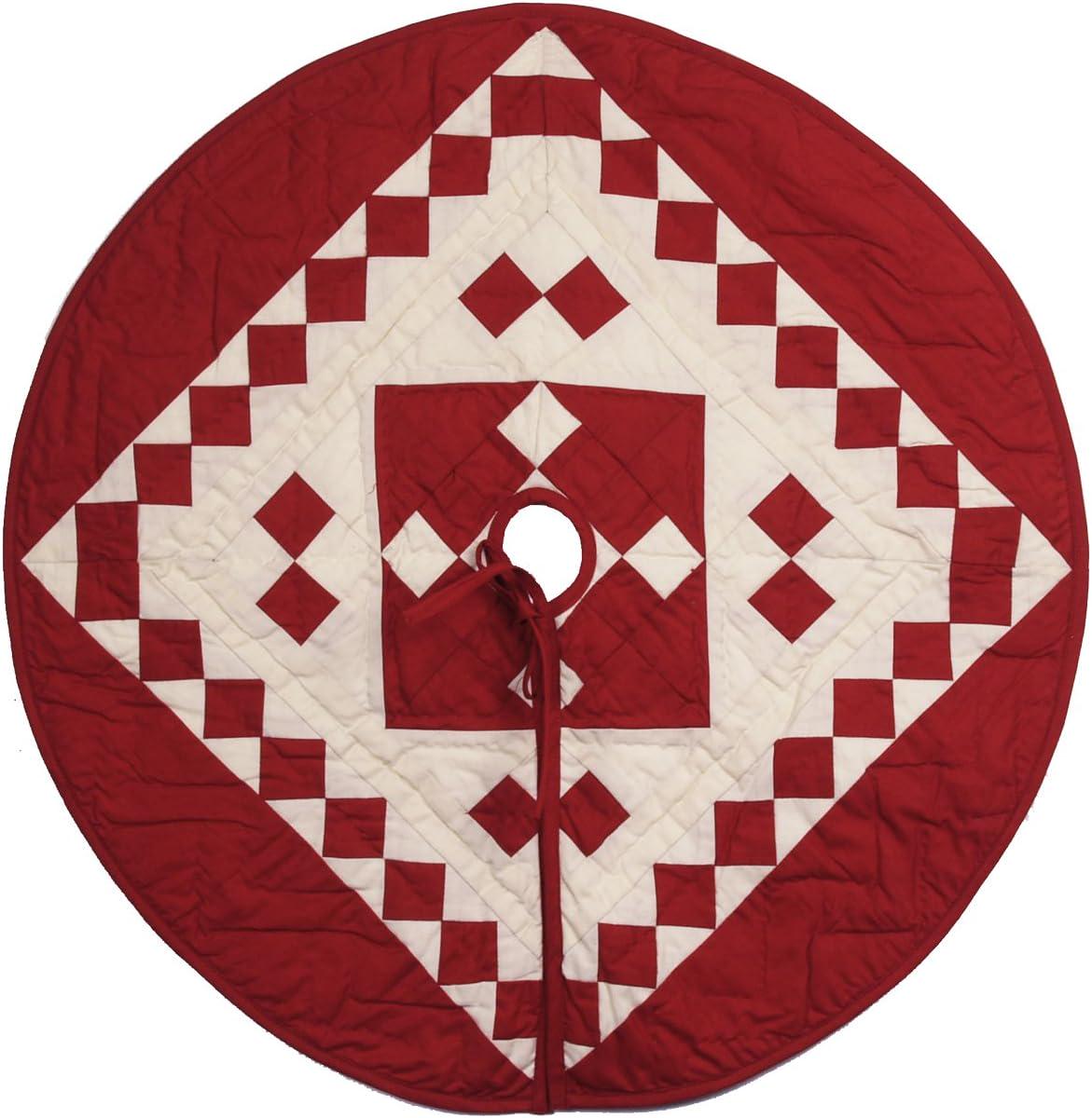 Christmas tree skirt hand made quilted patchwork Red Diamond calico Thick Double Layer Heirloom Quality by HOME HEART Brands(Made in India)