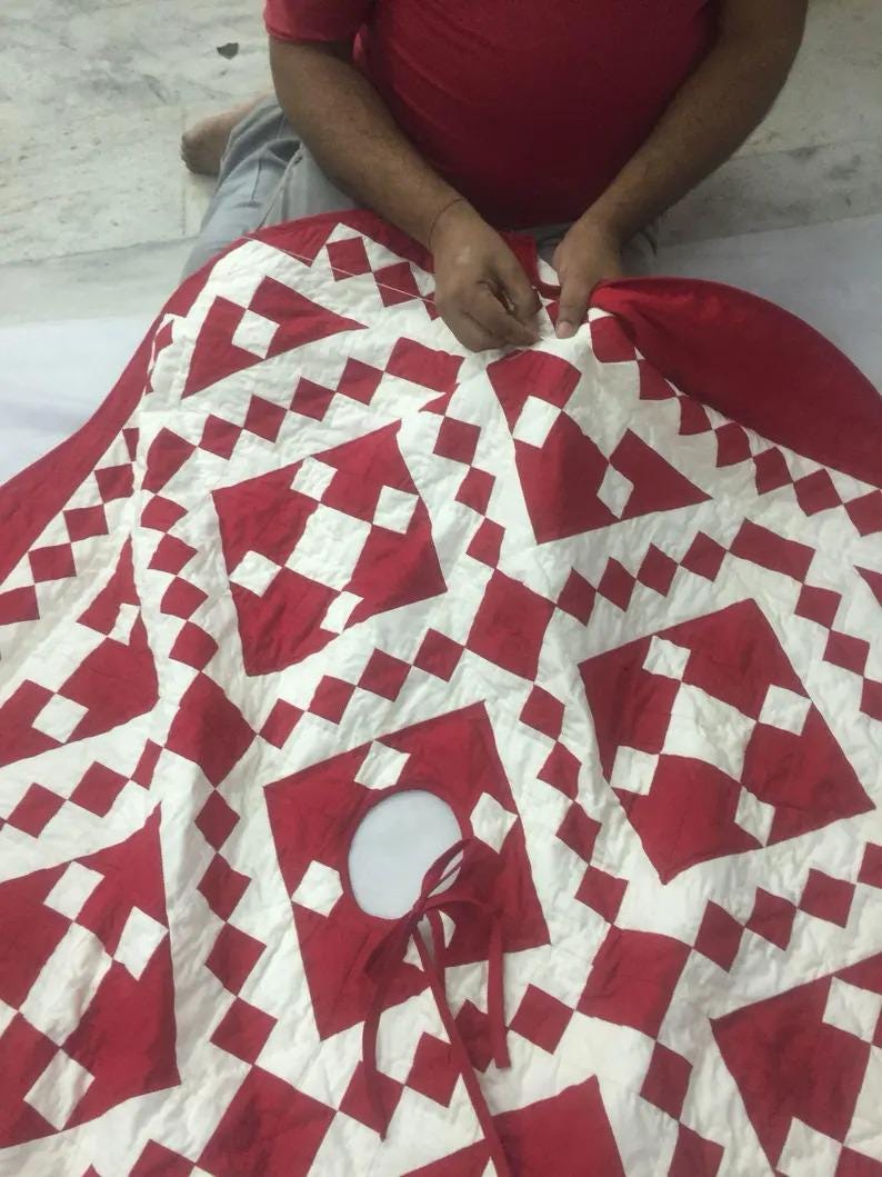 Christmas tree skirt hand made quilted patchwork Red Diamond calico Thick Double Layer Heirloom Quality by HOME HEART Brands(Made in India)