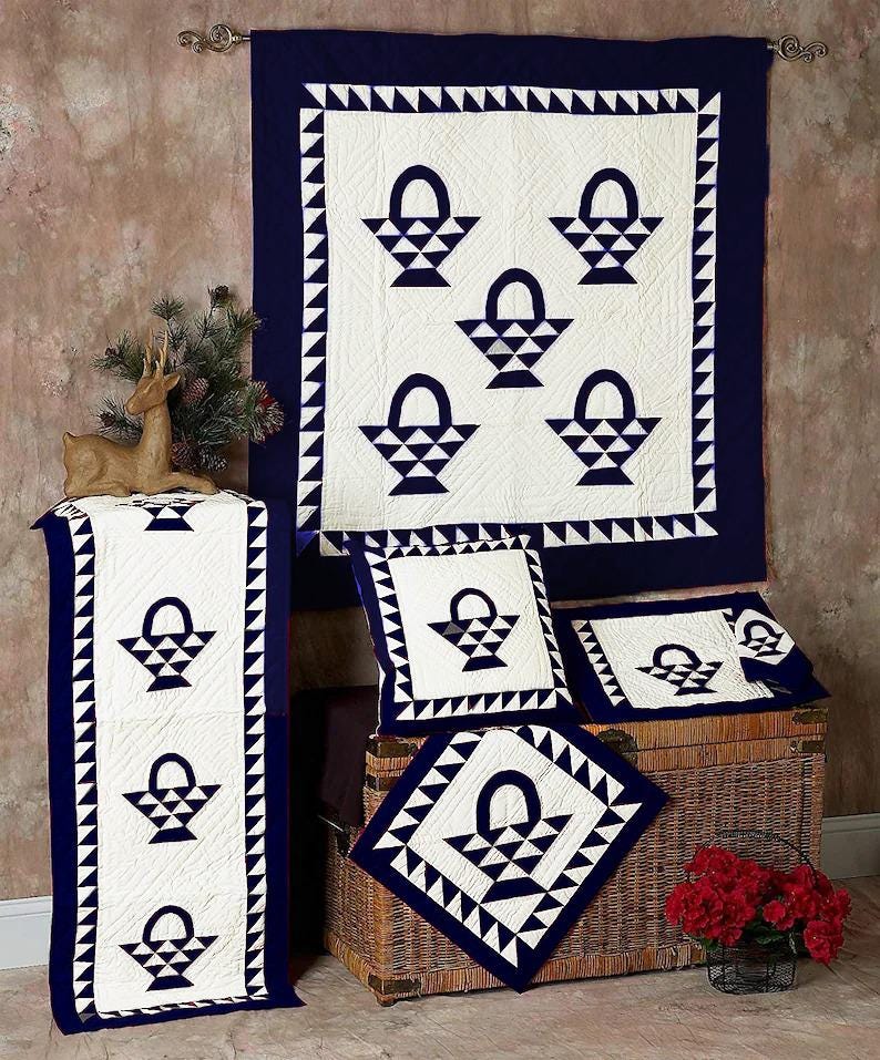 Wall hanging quilt, Small quilt, Throws, Table Toppers , Baby Quilt, calico Basket Navy blue /Off White Cotton fabric by HOME HEART Brands