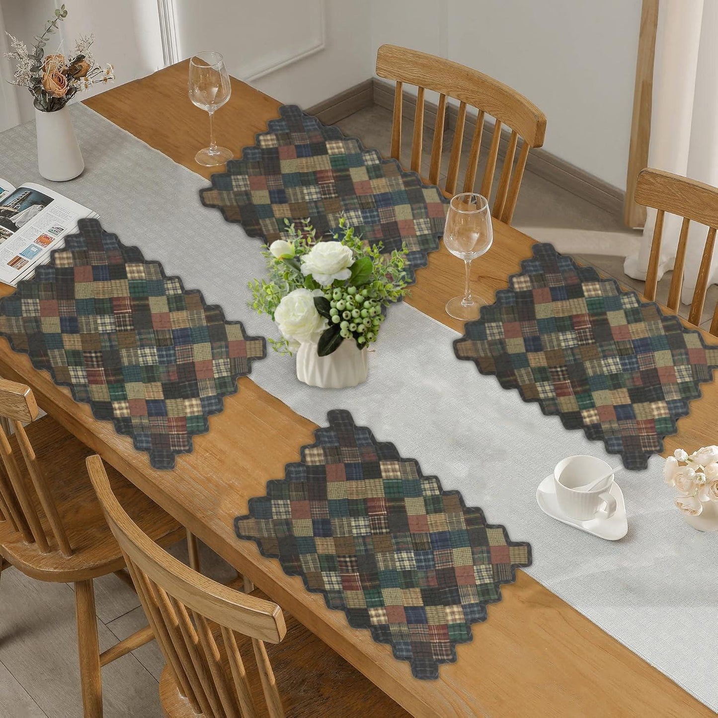 Hand quilted hand made placemats tablemats Dark square mix country plaid zig zag placemat 14"X19" by HOME HEART Brands (Made in India)