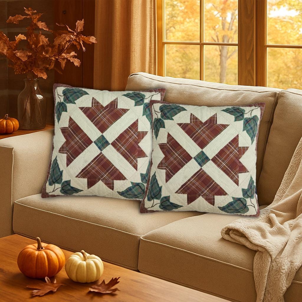 Pillow cover 16"x16" hand quilted cushion cover,decorative throw pillow Rustic Maple Leaf country plaid HOME HEART Brands(made in India)