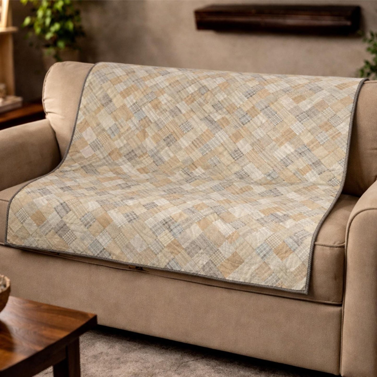 Hand Quilted Patchwork Wall Hanging, Throw, Baby quilt 46x46 Inch, Neutral Khaki & Beige Plaid Quilt, Farmhouse Country Decor by HOME HEART