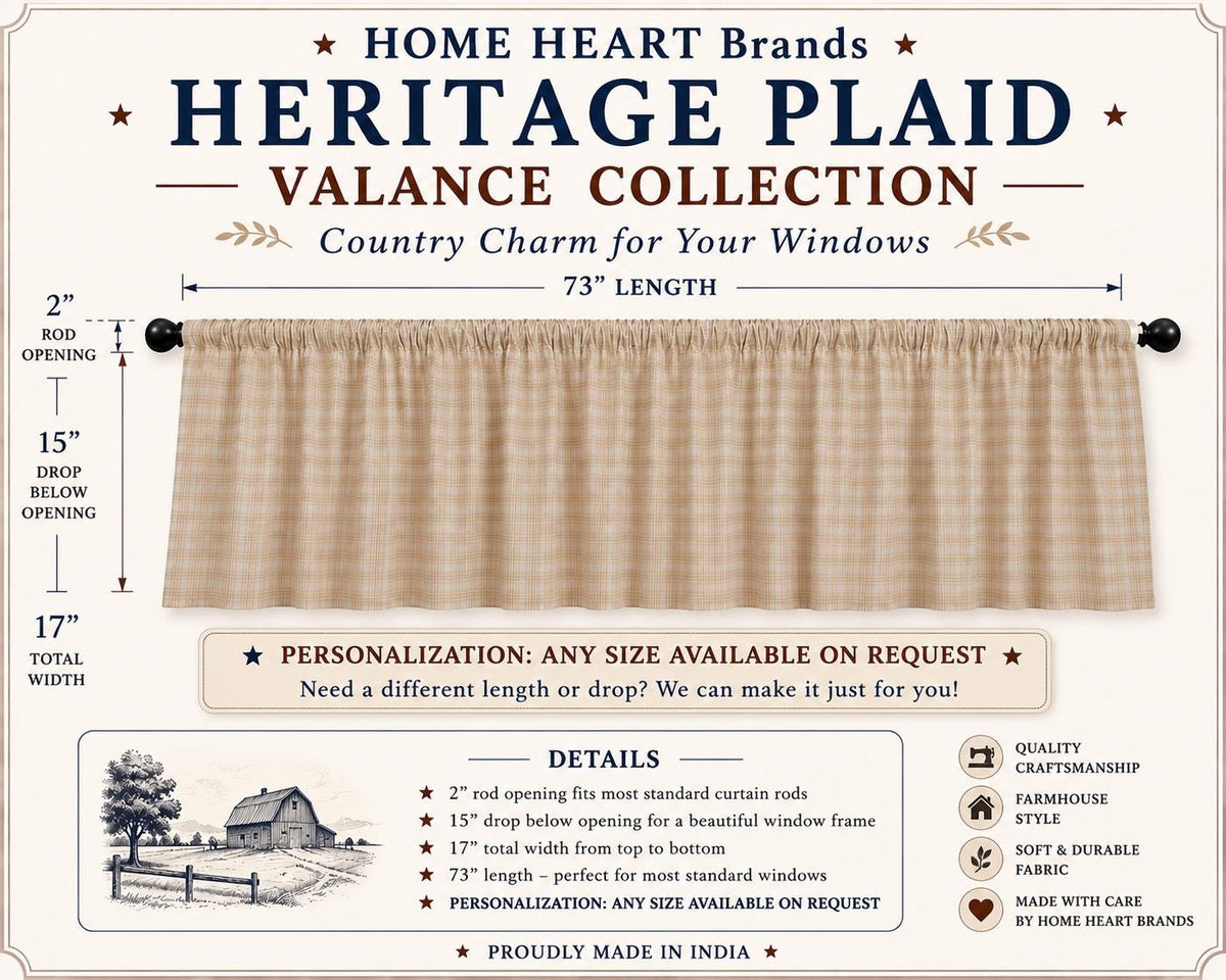 Beige Plaid Window Valance 17"x73" , Farmhouse Country Curtain Topper, Rustic Kitchen Window Treatment by HOME HEART BRANDS (Made in India)