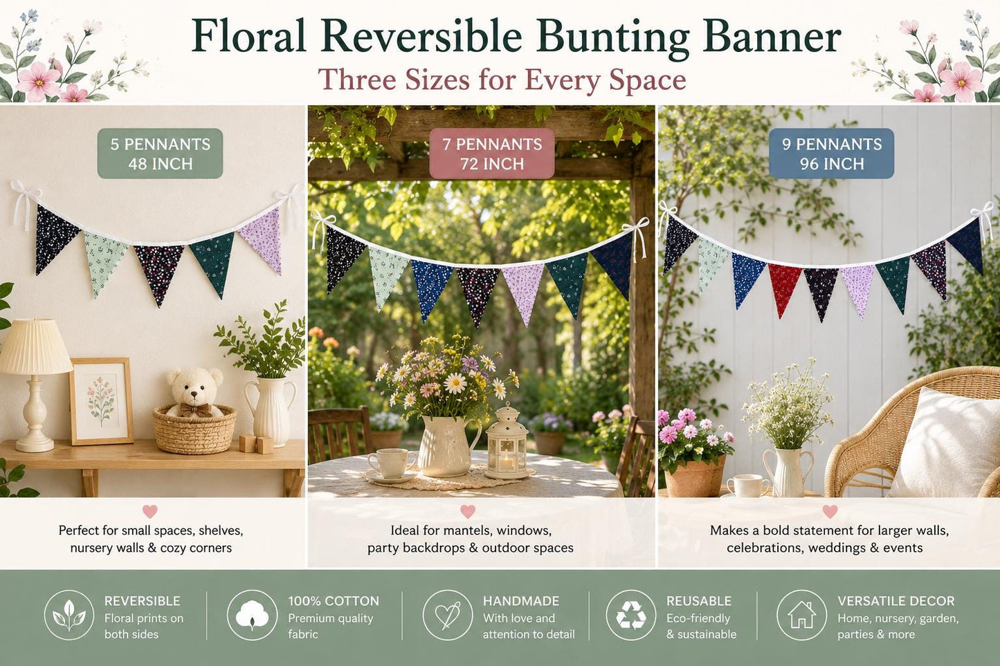 Floral Reversible Bunting Banner | Handmade Pennant Garland | 48", 72" & 96" Lengths | Cottage Decor by HOME HEART Brands (Made in India)