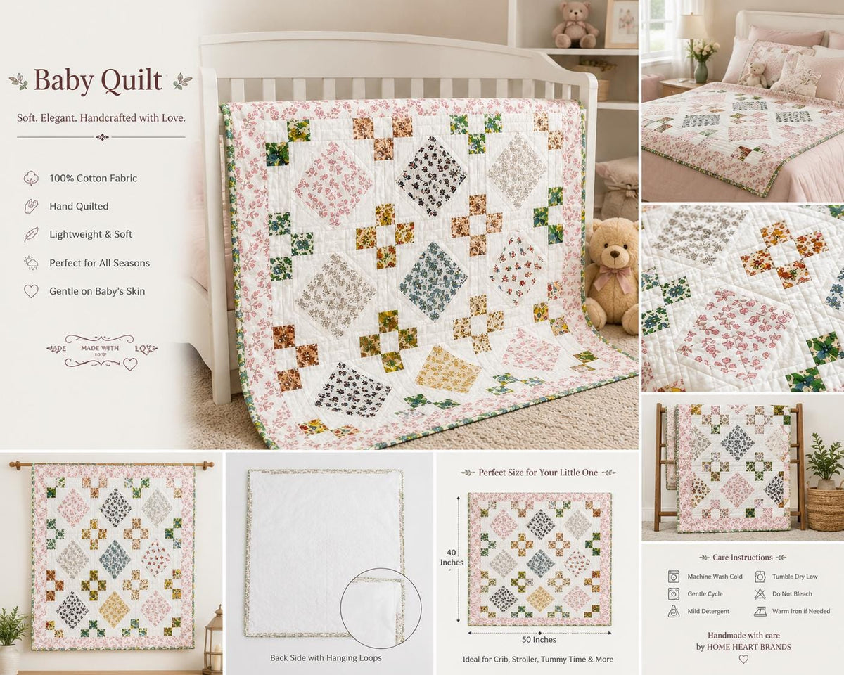 English Garden Handmade Baby Quilt, Floral Patchwork Crib Quilt, Heirloom Cotton Baby Blanket, Toddler Quilt, Baby Shower Gift by Home Heart