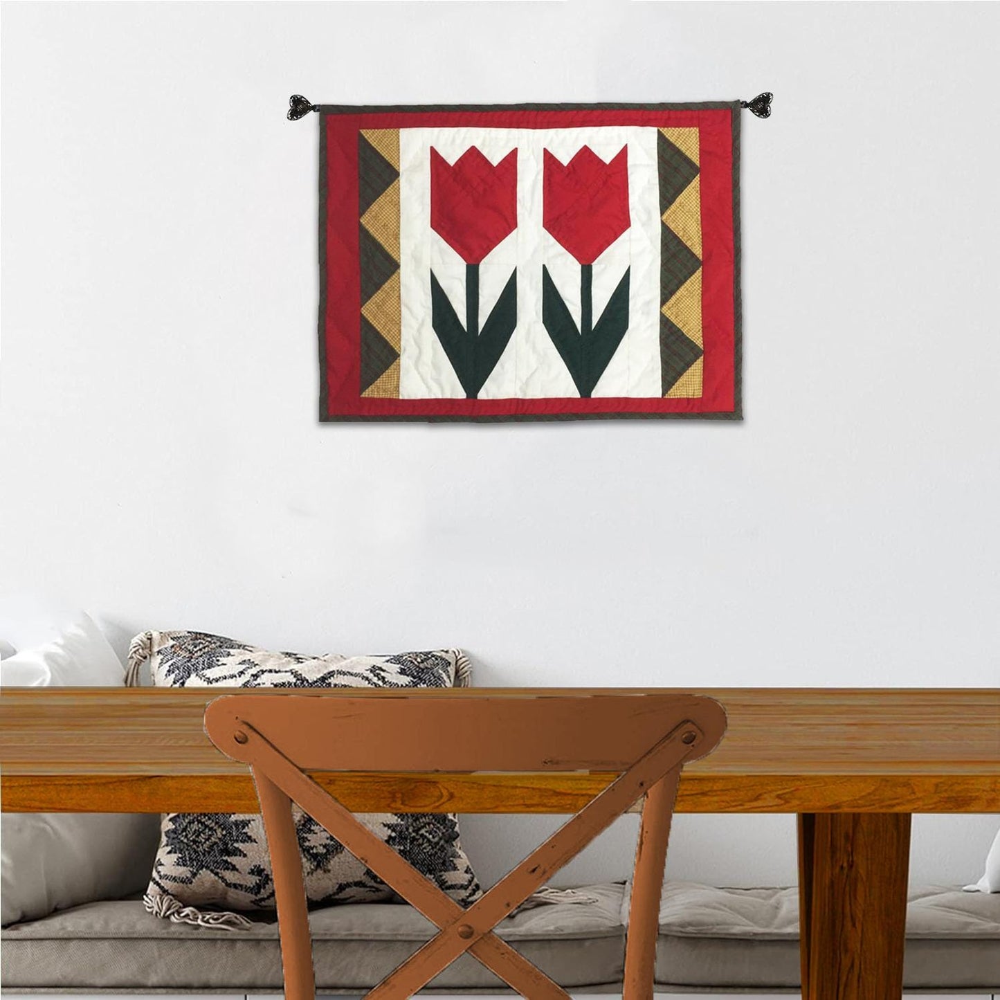 Hand made Hand quilted table accent piece, Block small Quilt, Table Topper Tulip calico cotton fabric by Home Heart brands (Made in India)